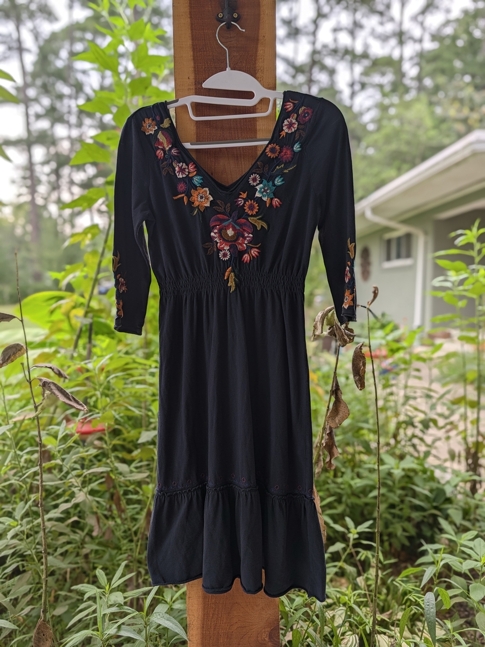 Johnny Was Black Long Sleeve Embroidered V-Neck Dress with Multicolor Floral